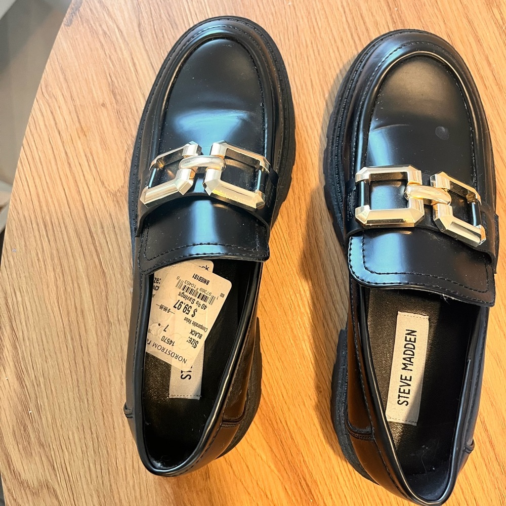 Steve Madden Black Loafers with Metallic Accent
